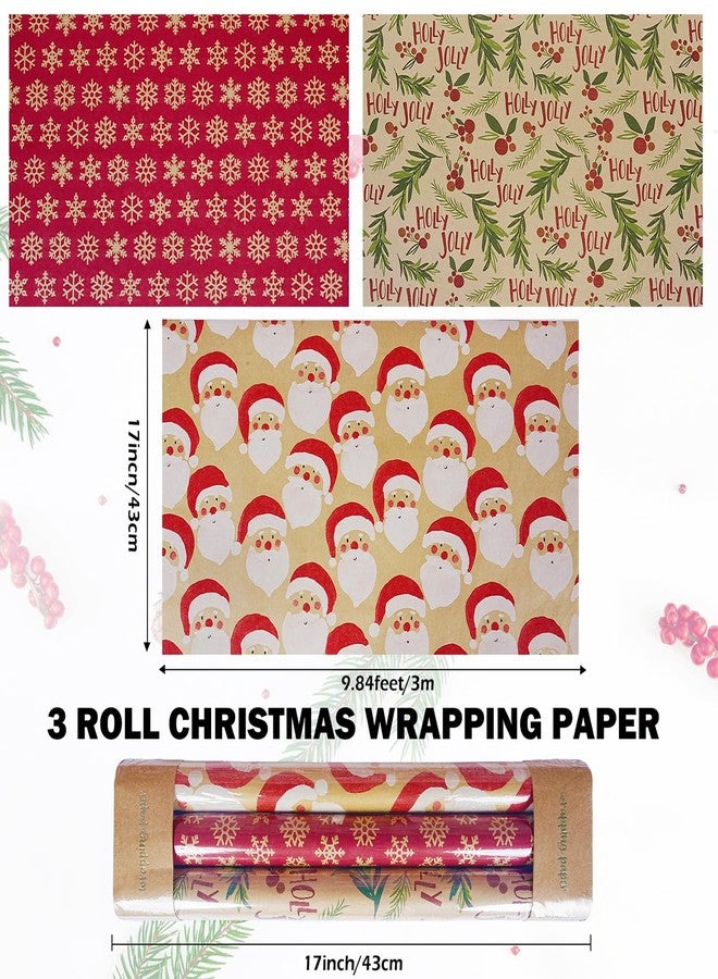 KESTAR Kraft Christmas Wrapping Paper Rolls, Mini Roll - 3 Rolls Red and Brown Xmas Wrapping Paper, Santa Claus, Snowflakes and Holly Jolly Design Gift Wrap Paper for Christmas New Year Holiday Party, 17 x 120 inch Each Roll - Image 5